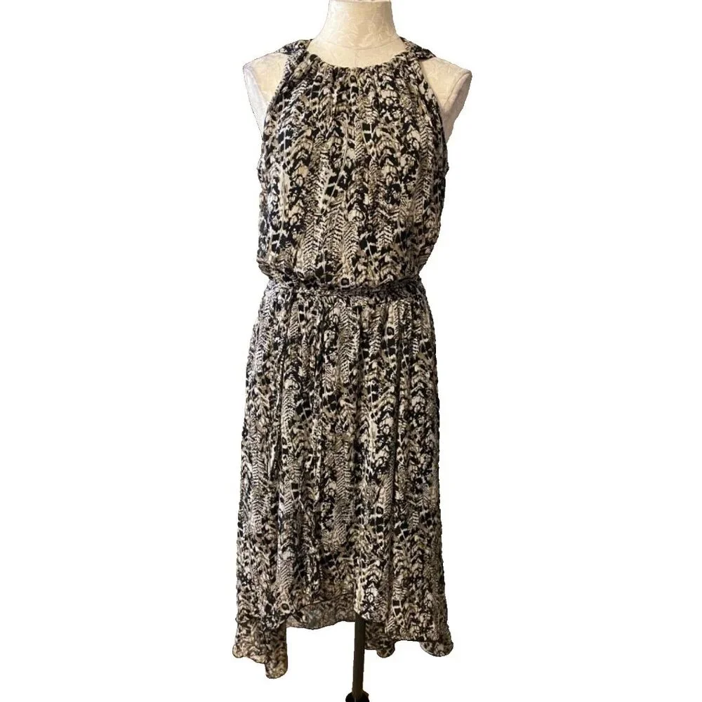 MSK Midi Dress 14 Black Cream Brown Flowy W Tassel Belt Washable Sleeveless